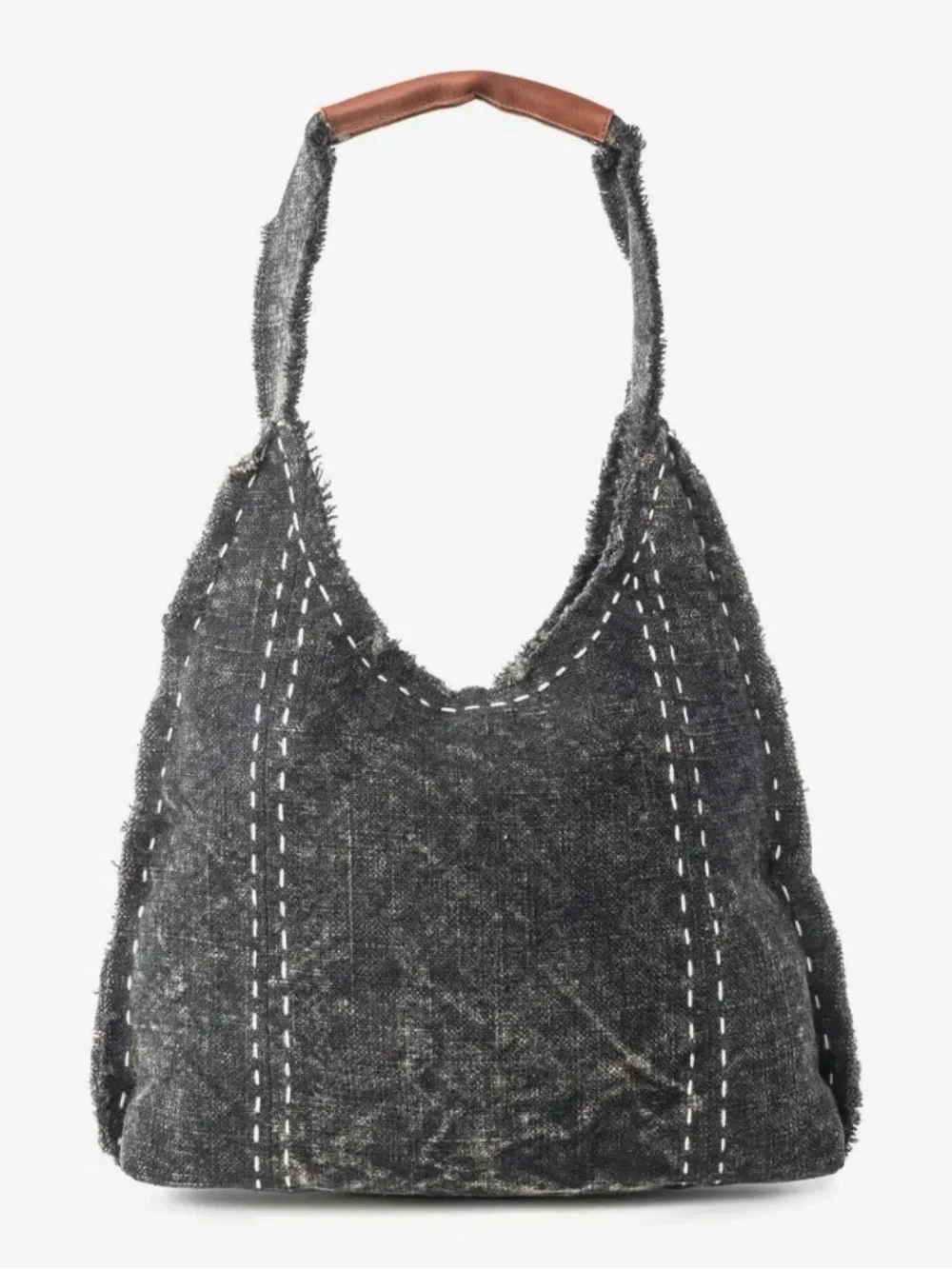 Myra Bag Black Textured Hobo with Brown Accent Strap